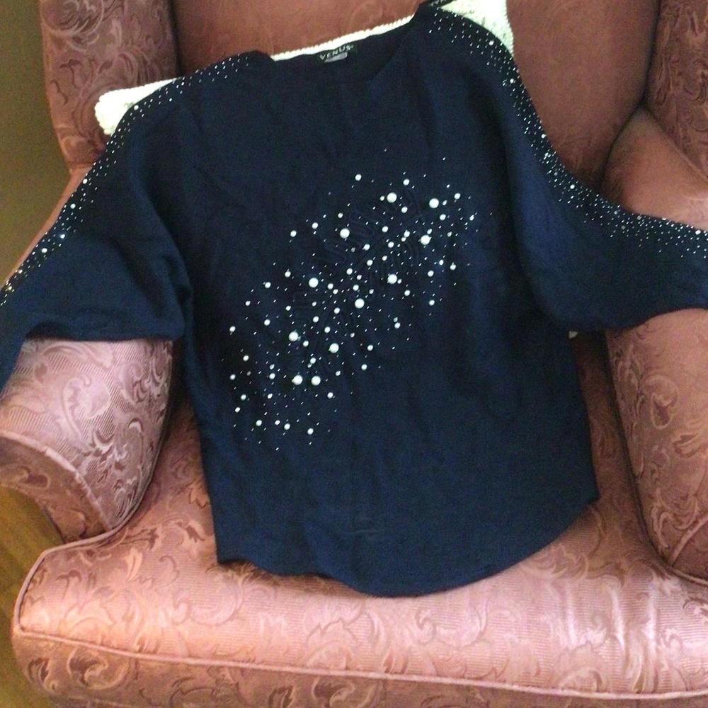 Venus Navy Pearl and Rhinestone Embellished Sweater sz sm